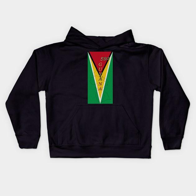 Guyana Flag Design with Phone Area Code and Map Outline Kids Hoodie by Soca-Mode